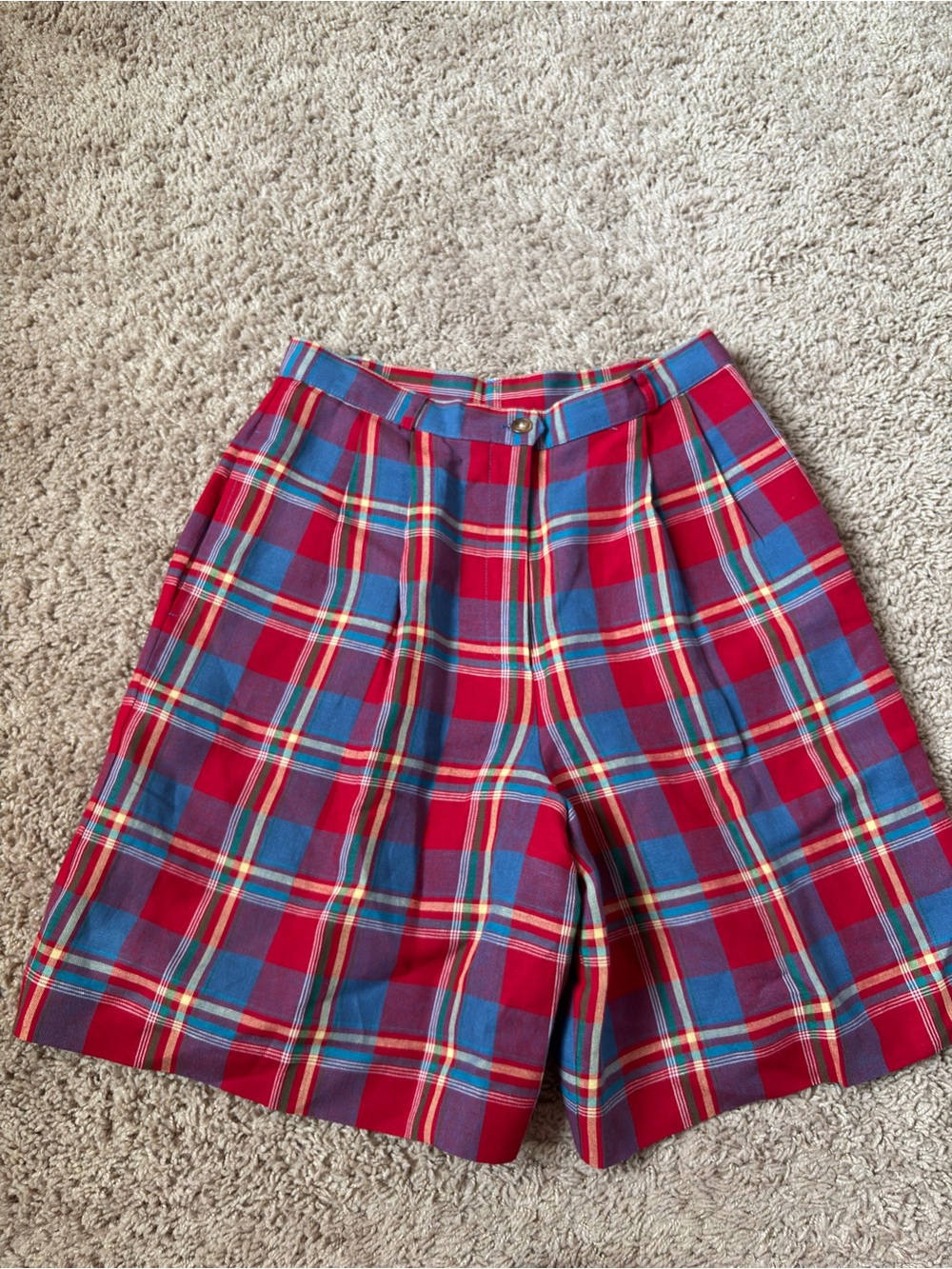 Red & Blue Plaid High-Waist Shorts